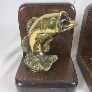 Vintage‎ Traditional Walnut Trophy Bass Fishing Library Bookends - Pair